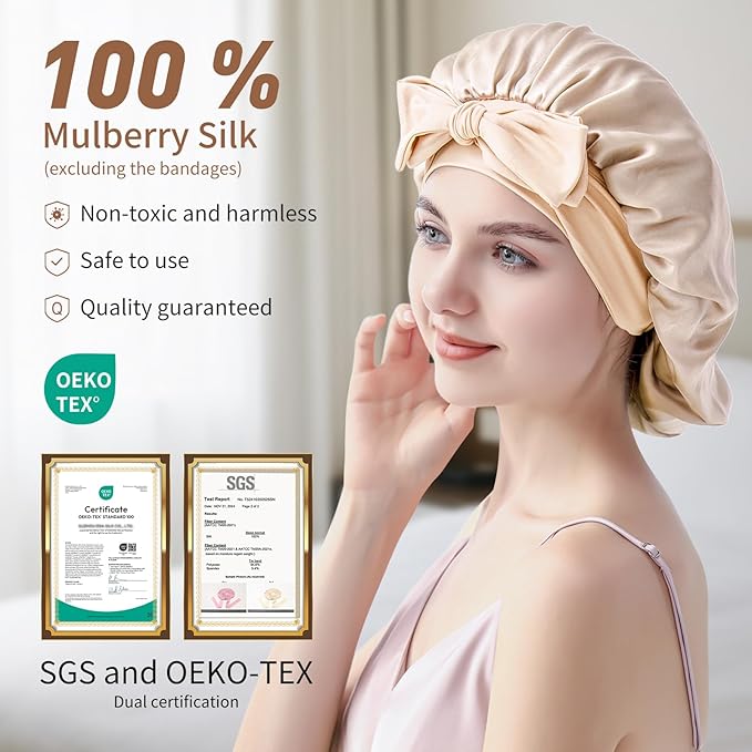 Silk Bonnet for Sleeping Women, 22 Momme 100% Mulberry Silk Sleep Cap, Double-Layer Reversible Silk Hair Wrap for Women & Night Hair Care, Fits All Hair Types – Champagne