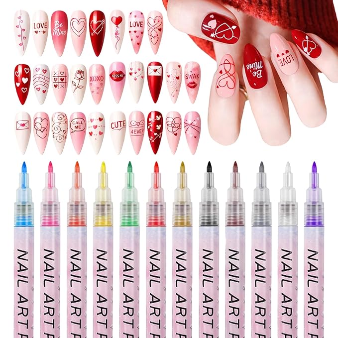 MKNZOME Nail Art Pens Set, 12 Color 0.7 MM Nail Art Markers Nail Polish Pens Drawing Painting Point Liner Painted Kit, Waterproof and Quick-drying Nail for DIY Design Manicure Tools
