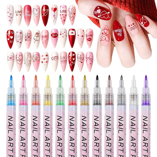 MKNZOME Nail Art Pens Set, 12 Color 0.7 MM Nail Art Markers Nail Polish Pens Drawing Painting Point Liner Painted Kit, Waterproof and Quick-drying Nail for DIY Design Manicure Tools