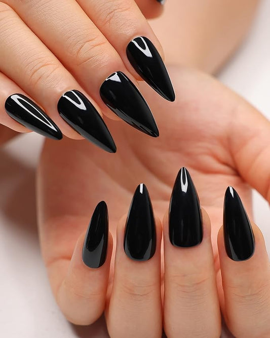 morily 24Pcs Black Press on Nails Stiletto Fake Nails Medium Length Almond False Nails Tips Long Acrylic Glossy Stick on Nail Solid Color Full Cover Fingernails Manicure for Women (Black)