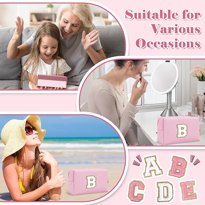 Personalized Initial A-Z Preppy Patch Makeup Bag,Small PU Chenille Letter Cosmetic Bag with Zipper for Teen Girls,Pink Cute Toiletry Organizer Bag,Monogram Makeup Case Gift for Women Girls,Letter B