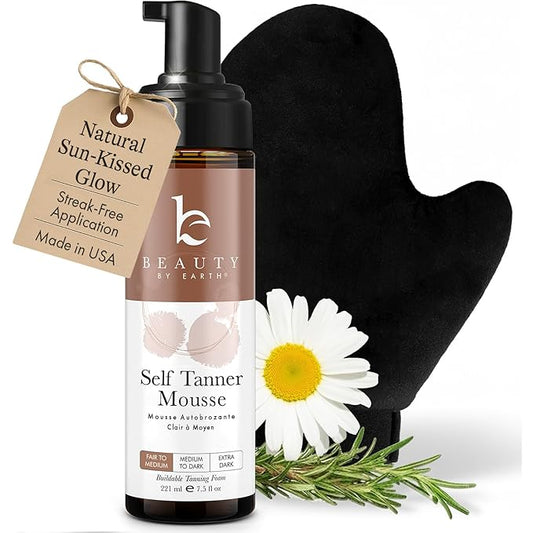Self Tanner Tanning Mousse Kit - USA Made with Natural & Organic Ingredients, Self Tanner Mousse and Mitt, Tan Kit, Fake Tan Tanning Foam, Fair to Medium, Sunless Tanners Best Sellers