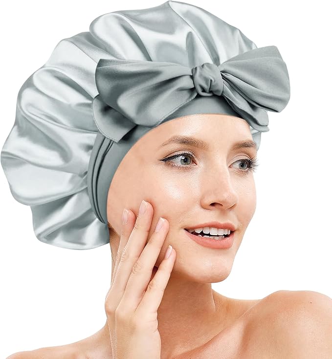 Silk Bonnet for Sleeping Women, Adjustable Soft Satin Lined Bonnet with Tie Band, Double Layer Sleep Night Cap