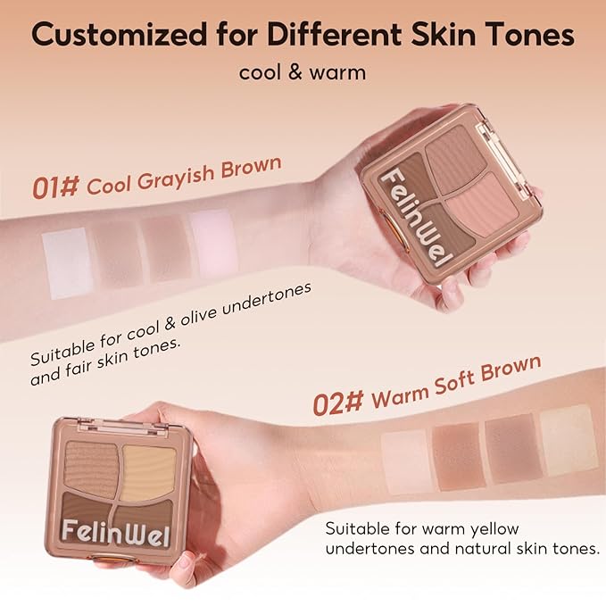 FelinWel Highlight Contour Makeup Palette Effortless Blending Matte Shimmer Highlighter Palette and Bronzer Powder for Warm Toned Skin with Brush
