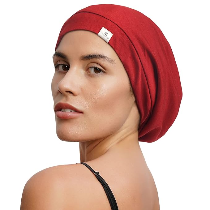 YANIBEST Silk Satin Bonnet Hair Wrap for Sleeping, Adjustable Slouchy Beanie for Women, Silk Lined for Curly Hair and Braids, Wine Red