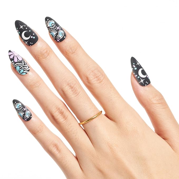 GLAMERMAID Black Press on Nail Medium Almond, Emo Jelly Gel Fake Nail, Gloss Natural Glue on Nail Short Oval with Gothic Eye Desgin, Reusable Acrylic Stiletto Stick on False Nail Kit for Women