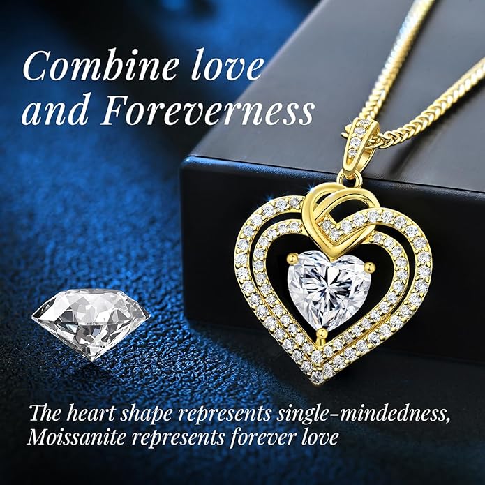 OOBEE Moissanite Heart Necklaces for Women, 1- 4 Carat Moissanite 925 Sterling Silver Gold Plating Fine Women Necklace，Ideal Anniversary Birthday Christmas Valentine Mothers Day Jewelry Gifts for Mom Wife Her Girlfriend