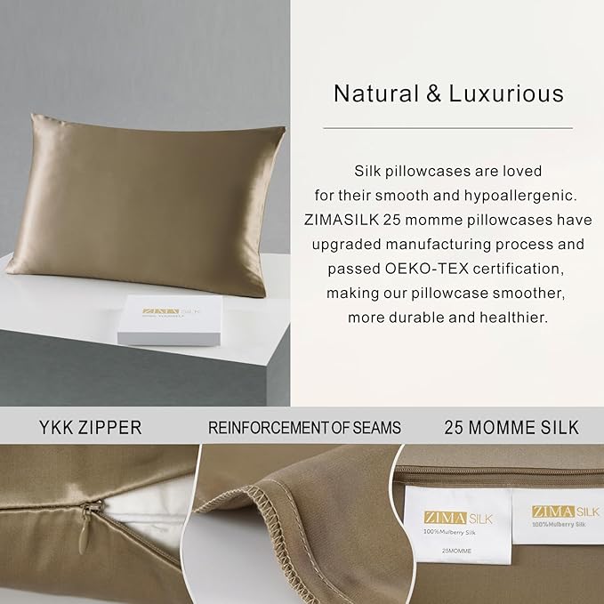 ZIMASILK 25 Momme 100% Pure Mulberry Silk Pillowcase for Hair and Skin Care, Highest Grade 6A Pillow Cases for Women, Long-Lasting Durablity, Gift for Women Men, 1Pc (King 20"x36", Taupe)
