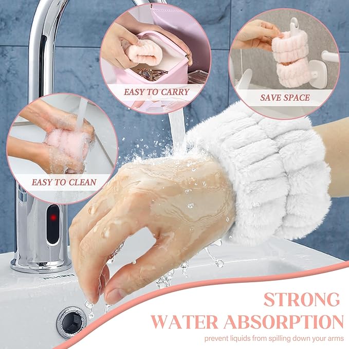 Women's Wrist Towels for Washing Face, Microfiber Spa Wash Towel Band, Absorbent Wristbands, Sweatband for Girls Prevent Water from Spilling Down Your Arms 6PCS