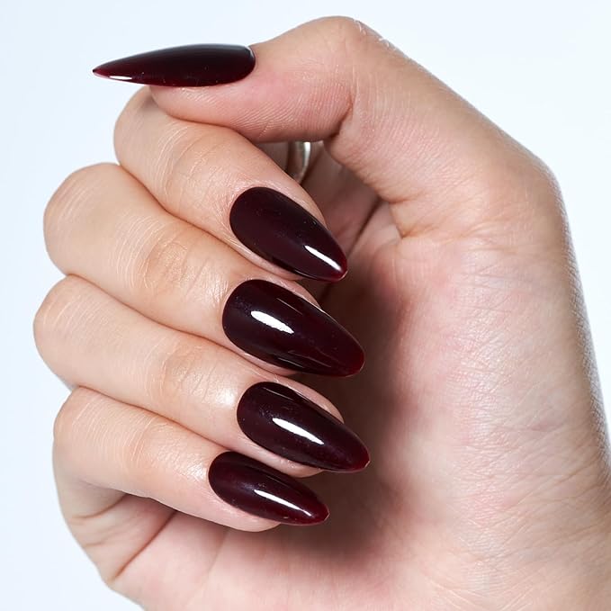 GLAMERMAID Dark Red Press on Nails Medium Almond, Handmade Jelly Soft Gel Deep Red Glue on Nails Stiletto, Burgundy Gothic Fake Nails Set, Reusable Acrylic Stick on False Nails Manicure Kit for Women