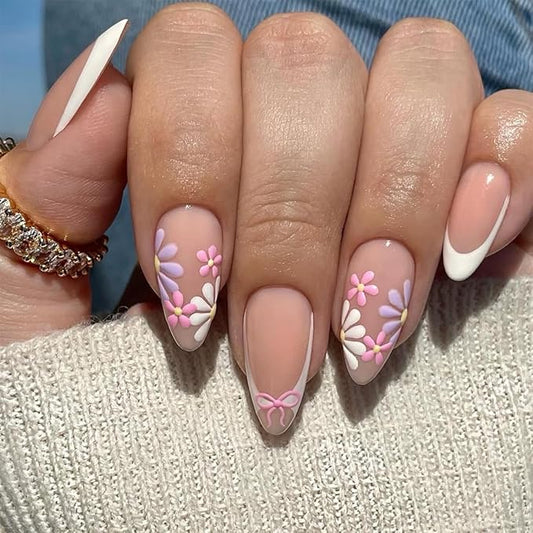 XZMeiLun Bow French Tip Press On Nails Spring Summer Acrylic Nails for Women - Purple Flower Designer Fake Nails Short Almond 24Pcs, Outdoor Picnic/Wedding/Party Reusable Glue On Stick On Nails