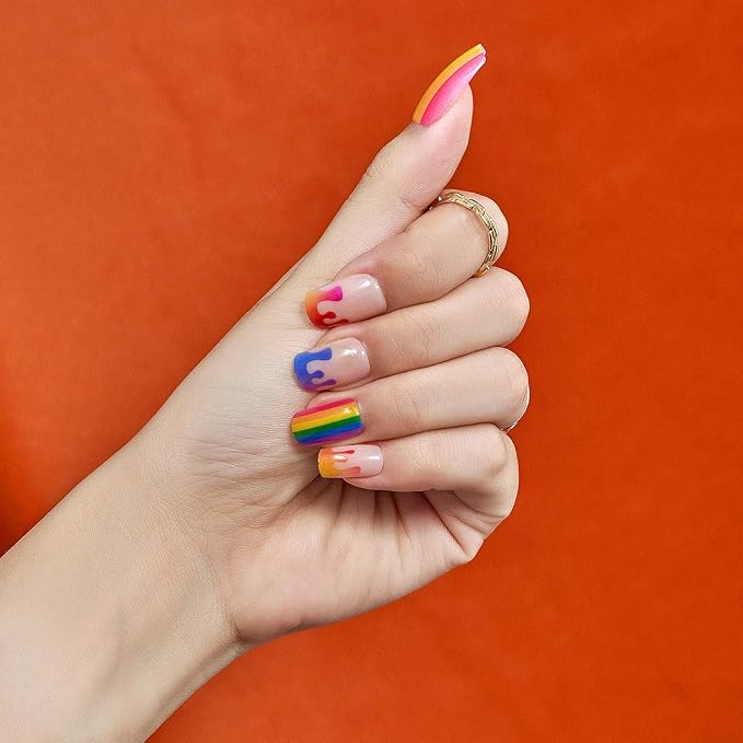 GLAMERMAID Rainbow Press on Nails Medium Square, Paint Color Ombre Nude Gel False Nals with Design, Colorful Glue on Nails Kit for Women, Colorful Reusable Stick on Acrylic Fake Nails Manicure Set