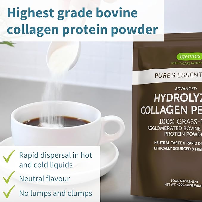 Igennus Highest Grade Hydrolyzed Collagen Peptides, Clean Label, 100% Grass Fed Bovine Collagen Protein Powder, Collagen Types 1, 2 & 3, for Women & Men, Non-GMO, Free Range, 40 Servings
