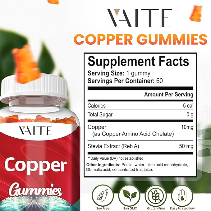 VAITE Copper Supplement Gummies 10 mg Amino Acid Chelate – Trace Mineral That Plays a Role in Collagen Formation, Gentle on Stomach, Supports Daily Nutrition & Balance – Vegan, Non-GMO, 60 Count