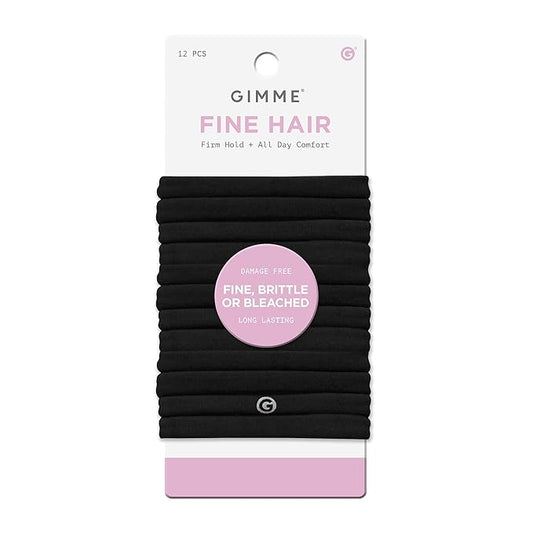Gimme Beauty Fine Hair Elastic Bands - Slim-Fit Elastic Ties for Fine, Brittle, or Bleached Hair - No-Dent, Gentle-Grip Ponytail Holders for All-Day Comfort - 12 Pack, Black