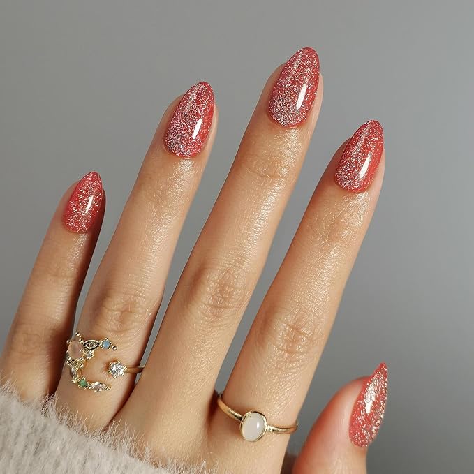 SHANGMENG Glitter Red Press on Nails Almond with Sparkling Diamond - Soft Gel Fake Nails Short with Glue, Glossy Glue On Nails for Women Gift in 16 Sizes - 32 Reusable Nails, Starlight Red Orange