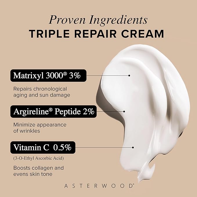 Asterwood Matrixyl 3000, Argireline Peptide, Vitamin C Cream - Triple Repair - with Hyaluronic Acid - Anti-Aging, Wrinkle Reducing, Hydrating - Fragrance-Free - 1.7 Fl Oz