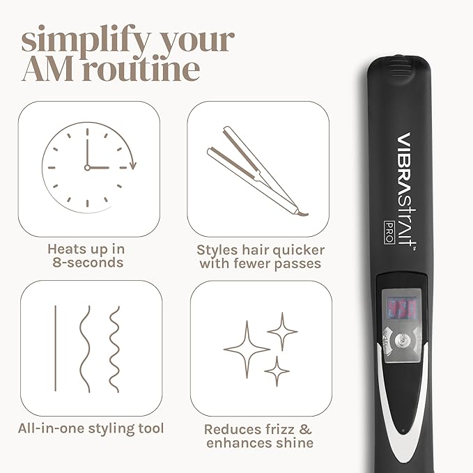 Vibrastrait Pro Vibrating Ceramic Tourmaline Ionic Flat Iron, 1-inch - Fast, Frizz-Free Ceramic Hair Straightener with Easy, Gentle Glide for Waves, Curls, Smooth Hair - Professional Styling Tools
