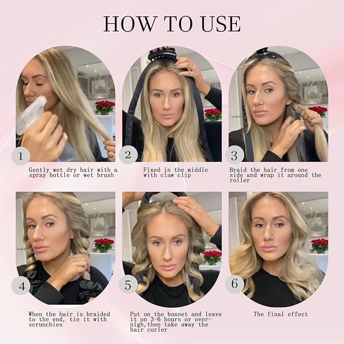 No Heat Overnight Curls with Double Layer Satin Bonnet - Soft Hair Curlers to Sleep In, heatless Curling Rods Set + Silk Bonnet for Women & Girls Long Hair, Heatless Waves & Volume (Pink)