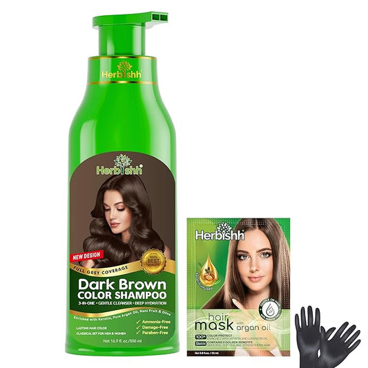 Herbishh Hair Color Shampoo - Magic Dye for Gray Hair, Lasting Color in Minutes - 500 Ml, 3-In-1, Ammonia-Free (Dark Brown)