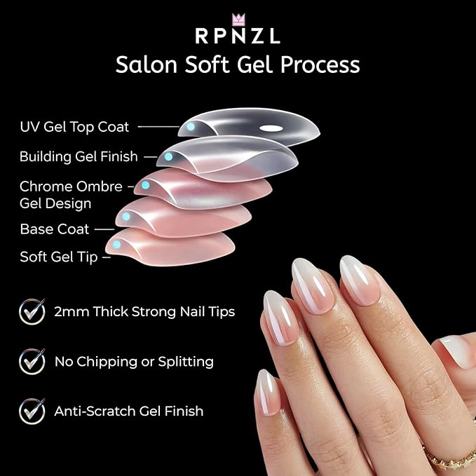 RPNZL Press On Nails - Café Latte | Chrome Ombre French Tip, UV Finish Almond Nails, Salon Quality | 32 Nails, 16 Sizes Kit with Glue and Adhesive Tabs I Female Founded