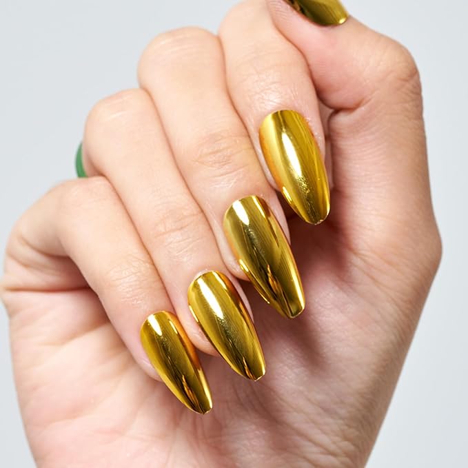GLAMERMAID Press on Nails Medium Almond, Spring Summer Golden Chrome Gel Glue on Nail, Glossy Short Stiletto Reusable UV Finish Fake Nails Acrylic False Nails Manicure Kits for Women