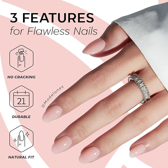 modelones Nude Pink Short Press on Nails, Semi-Transparent Oval Fake Nails Kit Press Ons with Nail Glue, Adhesive Tabs, Nail File, Prep Pad, Manicure Stick, 32Pcs 16 Sizes, Valentines