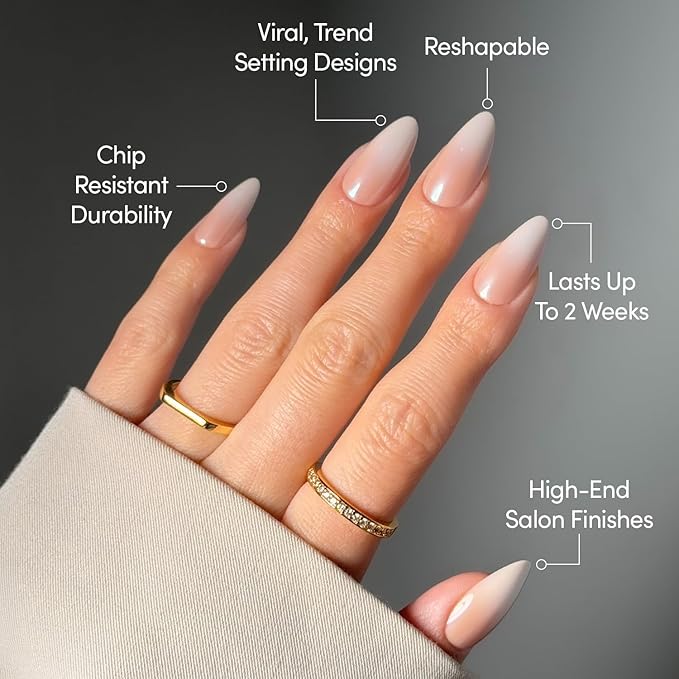 Glamnetic Press On Nails - Frosted Chai | Glazed Medium Almond Nude Fake Nails with Ombré, Salon Quality Neutral Nails | 15 Sizes - 30 Nail Kit with Glue