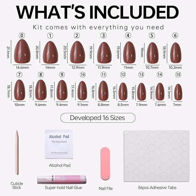Light Maroon Press On Fall Nails Short 16 Sizes 32pcs, Almond Fake Nails Glossy, Nail Glue Included (Withered Rose)