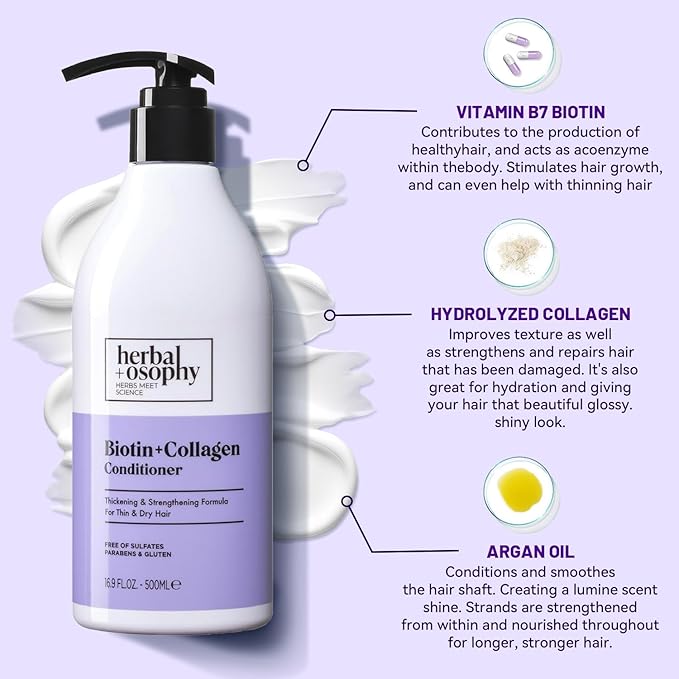 Herbalosophy Biotin & Collagen Shampoo & Conditioner Set, Hair Growth Thickening, Repair Dry, Damaged Hair Set, Infused with Vitamin B7 & Argan Oil, Sulfate, Parabens and Gluten Free, 2 x 16.9 Fl Oz
