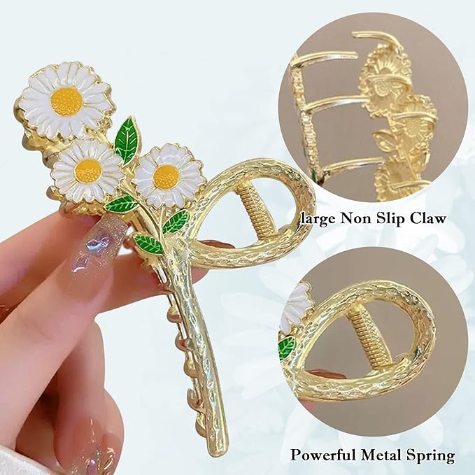 Large Metal Daisy Flower Hair Clips for Women - 2Pcs Sparkly Non-Slip Butterfly Jaw Clips for Strong Hold