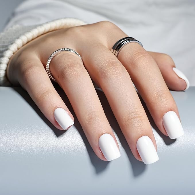 Leefrei White Press on Nails - Short Square Press on Nails, Milky Nails Press Ons for Women DIY Fake Nails Kit with Glue, Glossy Reusable Glue on Nail Short in 15 Sizes - 30pcs, Milky White