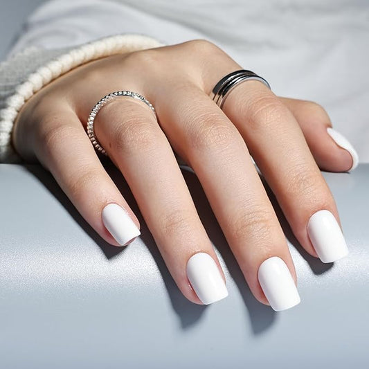 Leefrei White Press on Nails - Short Square Press on Nails, Milky Nails Press Ons for Women DIY Fake Nails Kit with Glue, Glossy Reusable Glue on Nail Short in 15 Sizes - 30pcs, Milky White