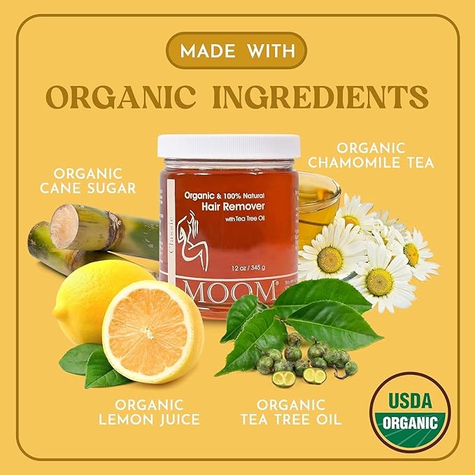 MOOM Organic Sugar Wax with Tea Tree Oil, 12 oz Jar (2-Pack), Hair Removal for Bikini, Brazilian, Face & Legs - Soft wax for Sensitive Skin, Best For Women & Men (Strips & Sticks NOT Included)
