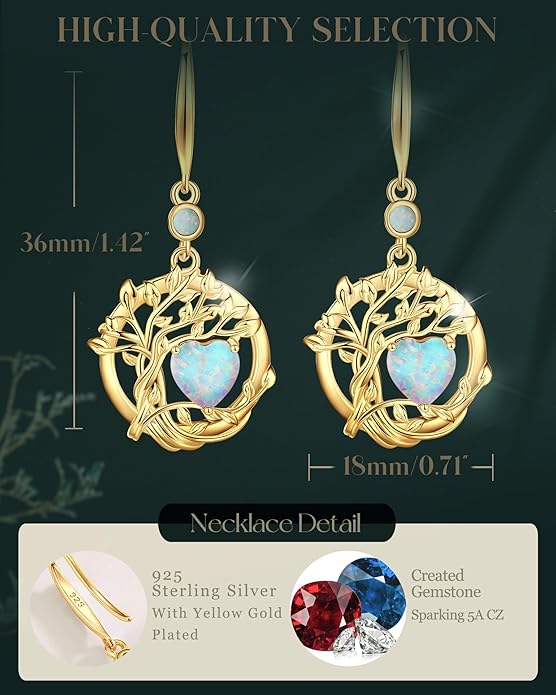 FANCIME Tree of Life Dangle Drop Earrings 925 Sterling Silver Dainty Round Gemstone Birthstone Earring Fine Jewelry Birthday Christmas Gifts for Her Women
