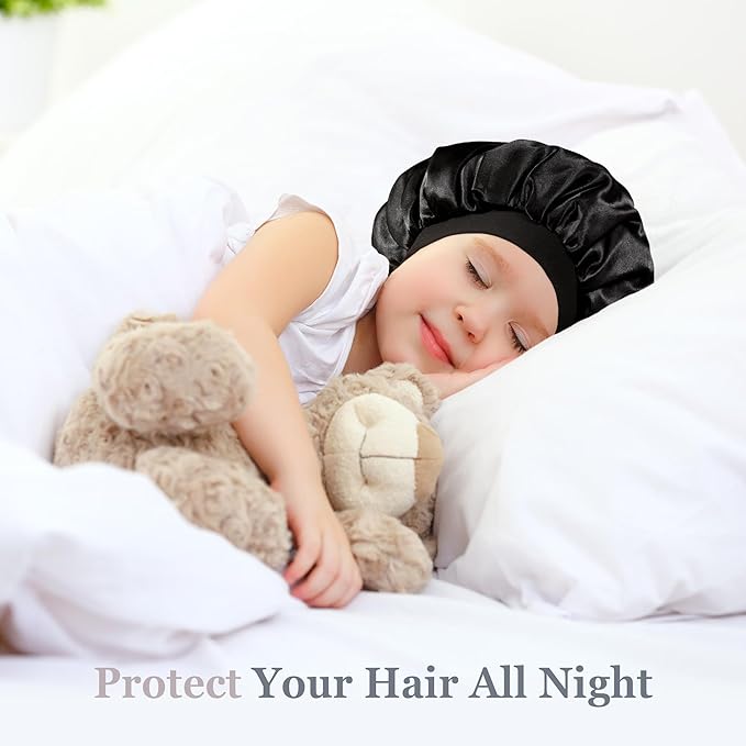 3 Pcs Bonnet for Kids, Kids Bonnets for Girls, Satin Silk Hair Bonnet for Sleeping, Soft Wide Band Sleep Cap for Curly Hair Braids for Teens Child Toddler