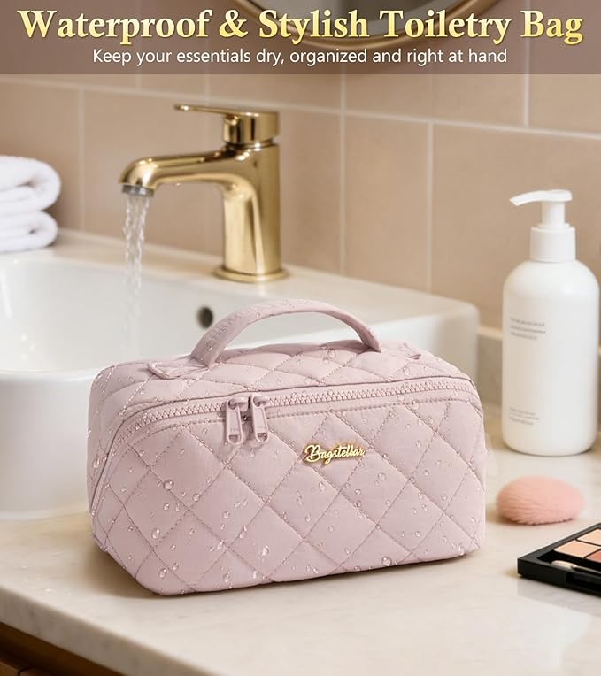 Travel Makeup Bag, 3 Pcs Large Capacity Puffy Toiletry Bag for Women, Open Flat Quilted Make up Cosmetic Organizer w/Handle & Clear Divider Water-resistant Portable Pouch Travel Essentials, M-Black