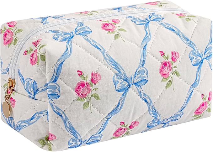 Cute Floral Makeup Bag Small Cotton Quilted Cosmetic Bag, Aesthetic Essential Bag Emergency Bag Gift for Women Girls Travel Accessories (Blue Bowknot Rose)