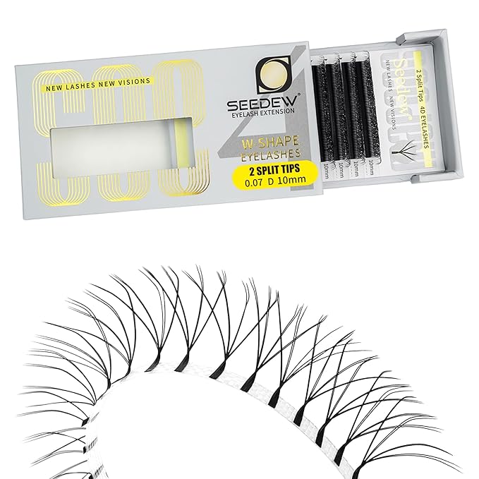 SEEDEW 4D-Double Tips Lash Extensions, 0.07mm D Curl 10mm 12 Rows/Tray, W Shape 4DD Flat Stem, PBT Volume False Eyelashes for Beginner Artist, Lash Tech, Beauty Salon(4DD-Matte Black-0.07-D-10mm)