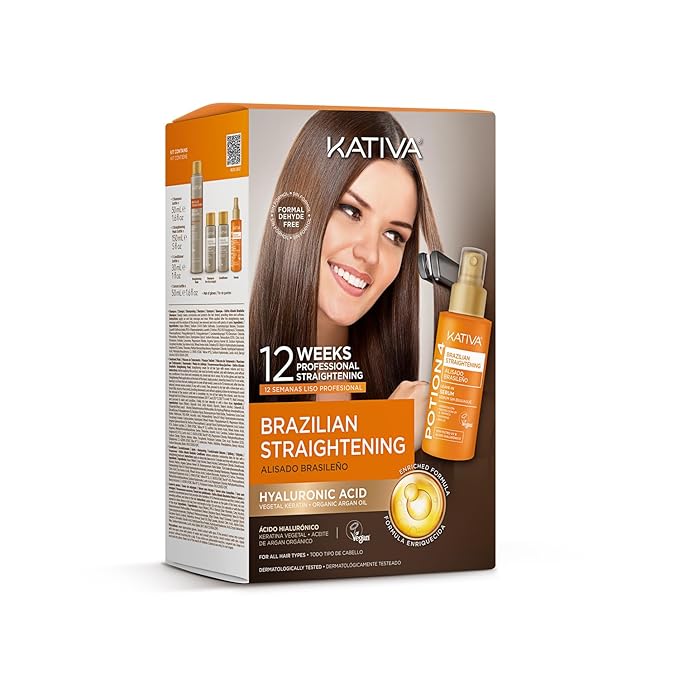 KATIVA Brazilian Keratin Straightening Kit, Shampoo Mask Conditioner + Potion 4 Heat Protectant Serum, Formaldehyde-Free Smoothing, Frizz Control, Hyaluronic Acid, Argan Oil, Vegan, Up to 12 Weeks