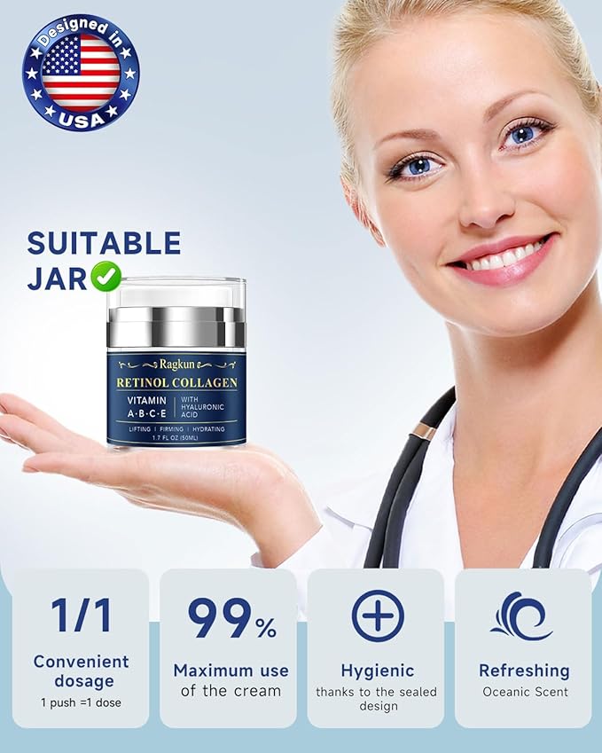 Ragkun Retinol Cream for Face, Collagen Neck Creams for Tightening and Firming, Anti Aging Day & Night Facial Moisturizer for Women & Men, Instant Face Lift Wrinkle Cream 1.7 fl. oz.
