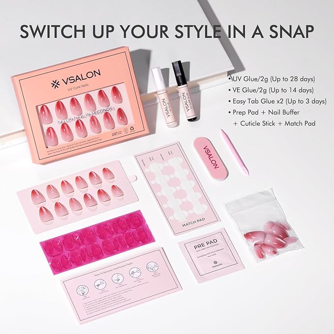 VSALON Press On Nails Short Almond, 32 Pcs 16 Sizes Red Cat Eye Press On Nails Ombre Fake Nails With UV Cure Nail Glue, Reusable Stick On Nails Sparkly False Nails Fall Gifts For Women