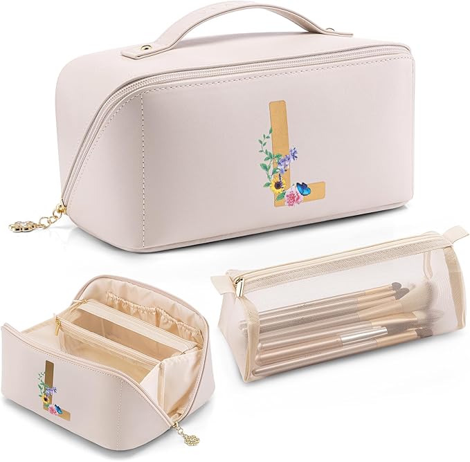 Vlando Mothers Day Ideas Gifts,Personalized Makeup Bags,Open Flat Makeup Organizer Bag,Gift Ideas for Mom Girlfriend Wife Bridesmaid Teen Girl (Letter L)