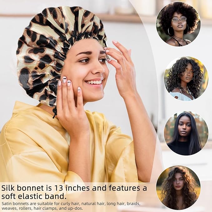 Satin Silk Bonnet for Curly Hair Bonnet Braid Bonnet for Sleeping Bonnets for Women Large Double-Layer Adjustable(Leopard)
