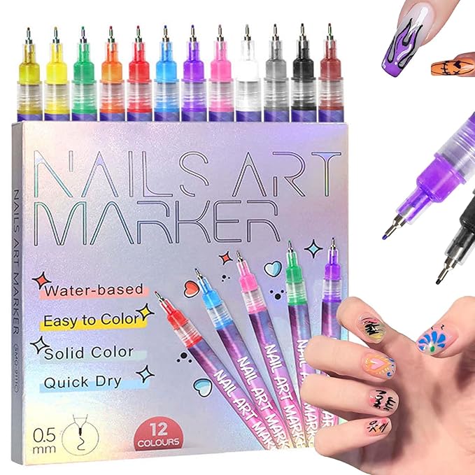 12 Colors Nail Art Pen Set,Nail Polish Pens Quick-Drying for Painting Nails,3D Acrylic Art Tools Dotting Liner Brush,Nails DIY Tools Beginners Christmas Gifts