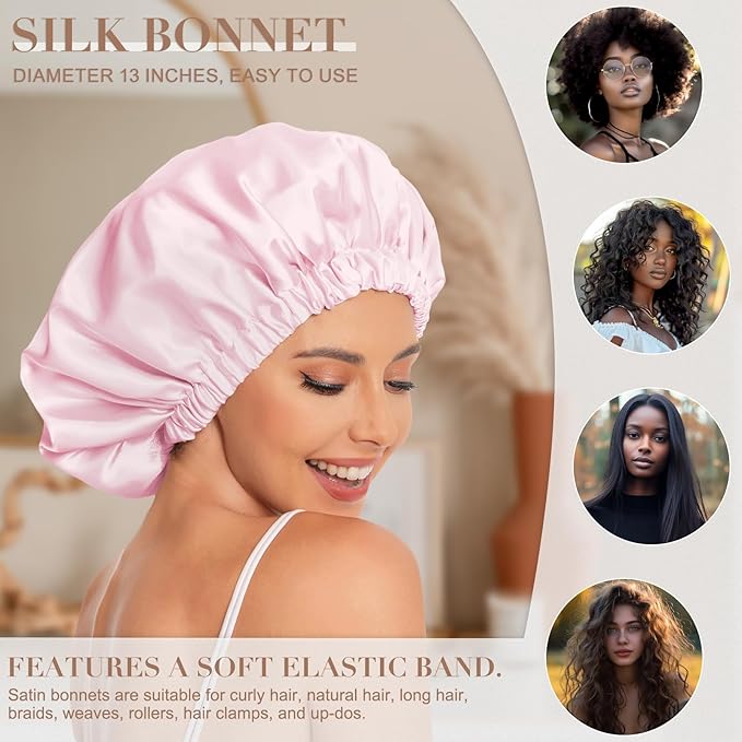 Satin Bonnet Silk Bonnet Hair Bonnet for Sleeping-Slouchy Beanie Hat Satin Sleep Cap for Women's Natural & Curly Hair(Black&Pink)