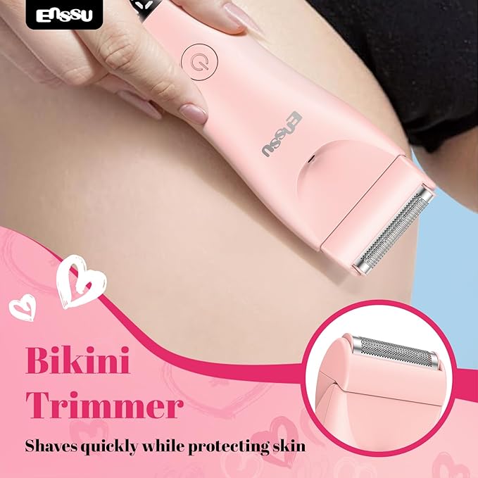 ENSSU Bikini Trimmer for Women - 2 in 1 Pubic Hair Trimmer IPX7 Waterproof, Razors for Women with LED Light & USB Charge, Painless Electric Shaver with Ceramic Blade for Bikini Legs Arm Underarm