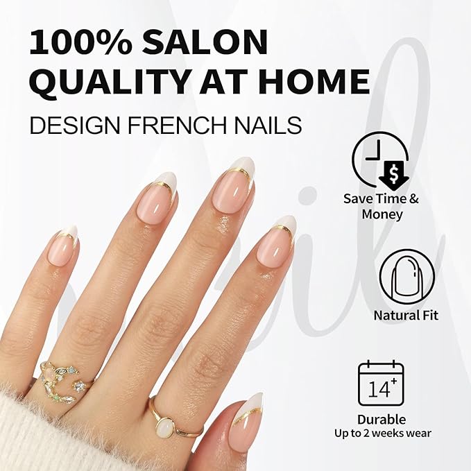 SHANGMENG White French Tip Press on Nails with Gold Line Design - Soft Gel Valentines Almond Nails Short for Women, Glossy Glue on Nails with Glue in 16 Sizes - 32 Reusable Fake Nails, Gold Ribbon