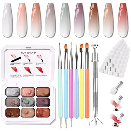 Karroy Christmas Gel Polish, 9 Colors Ombre Patting Gel Nail Polish Palette 100 Sponges 6 Brushes 1Grabber, Blending Color Gradient Painting Nails Art, No Wipe, UV/LED Cured (Set 07)
