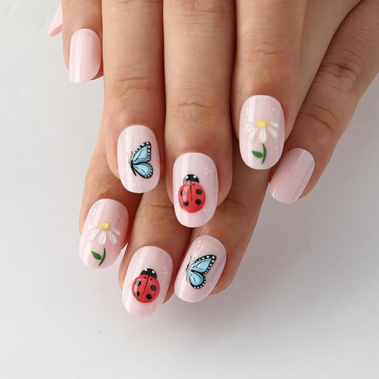 XZMeiLun 3D Insect Flowers Press On Nails Almond Medium, 3D Pattern Designer Reusable Acrylic Nails Press Ons, Fake Nails With Glue On, Daily Wear Floral False Nails For Women